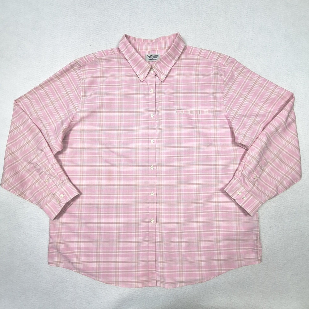 Cabin Creek Button Down Womens 1X Pink Plaid Wrinkle Free Stain Release Shirt